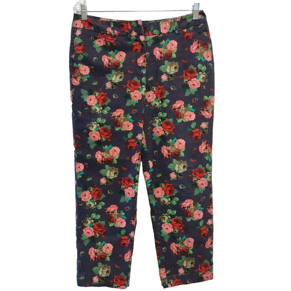 Larry Levine Womens Sz 8 Floral Rose Print Ankle Pants‎ Navy Pink Stretch Cotton